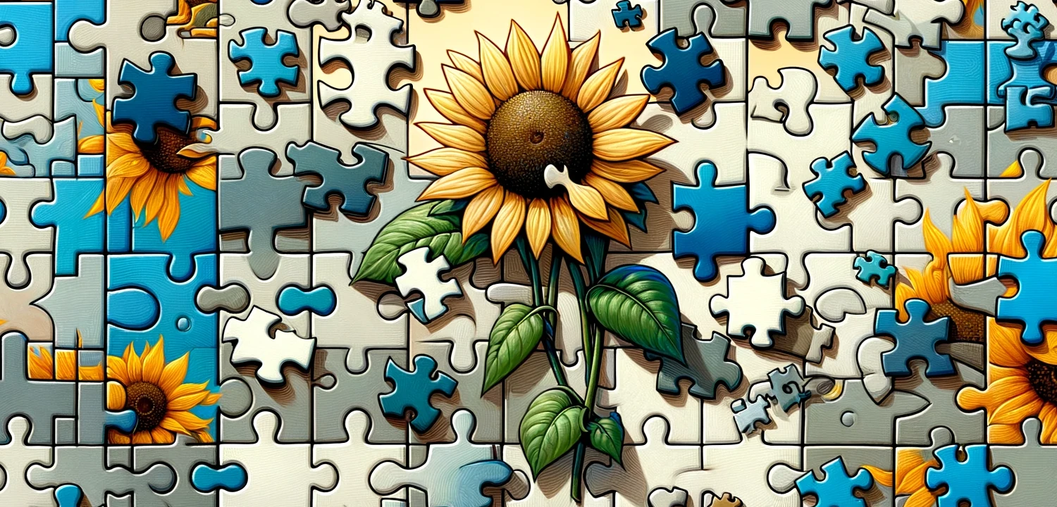 Puzzle pieces around a sunflower