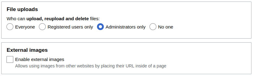 File upload permission settings in the ProWiki admin panel