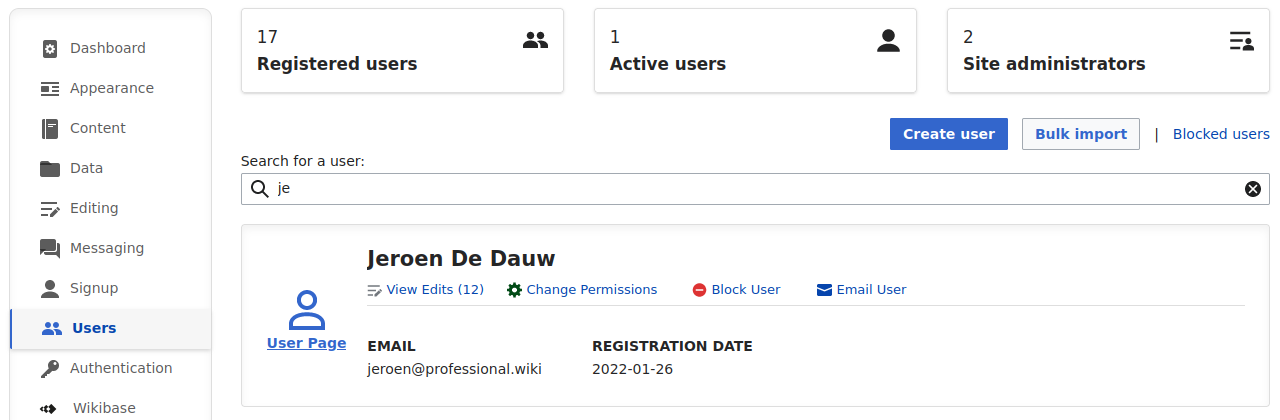 User management interface of the ProWiki Admin Panel