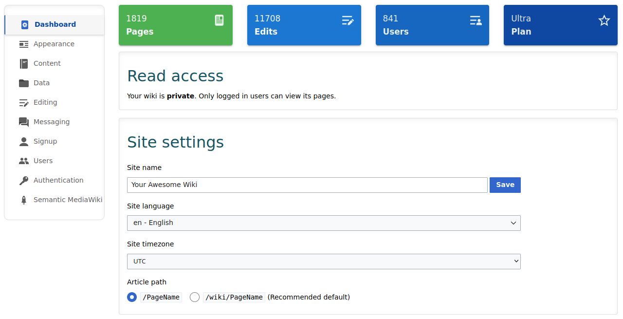 ProWiki's MediaWiki Admin Panel Dashboard