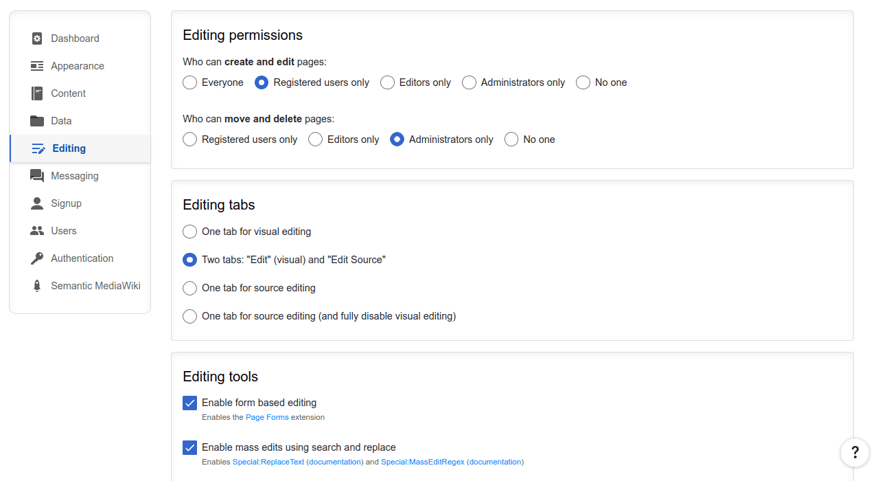 MediaWiki editing tools configuration via the ProWiki Admin Panel