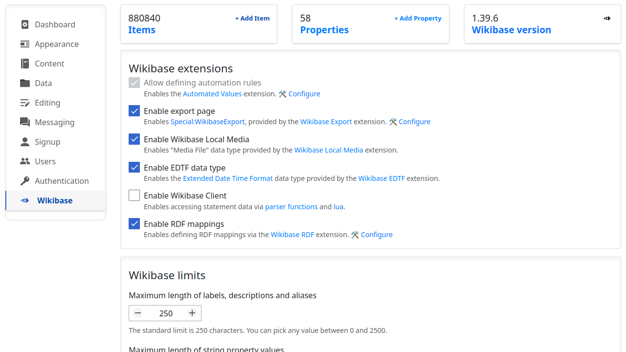 Configuring Wikibase via the Admin Panel