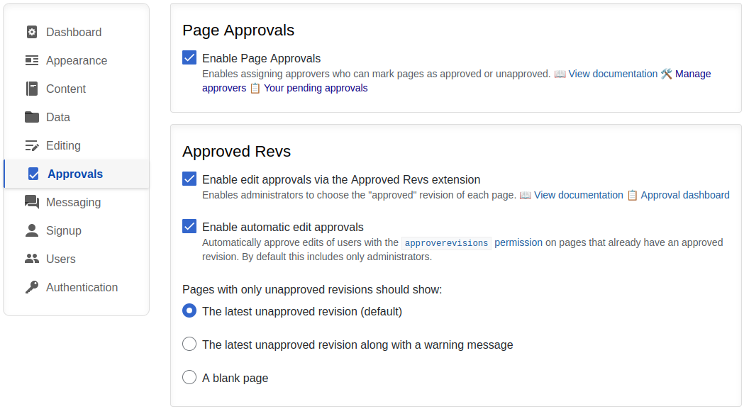 Approvals tab in the Admin Panel showing configuration options for Page Approvals and Approved Revs