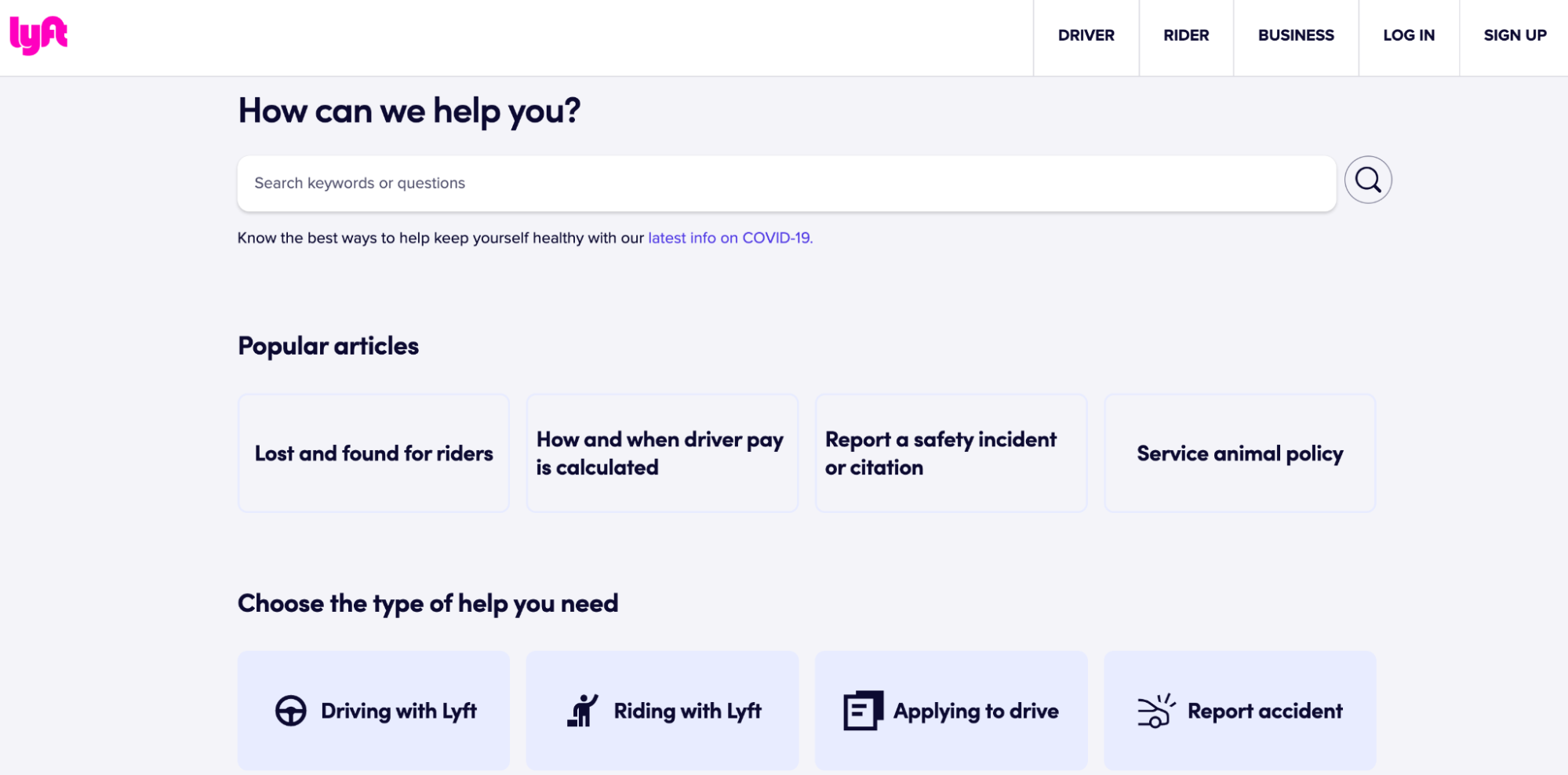 Screenshot of the Lyft help center page
