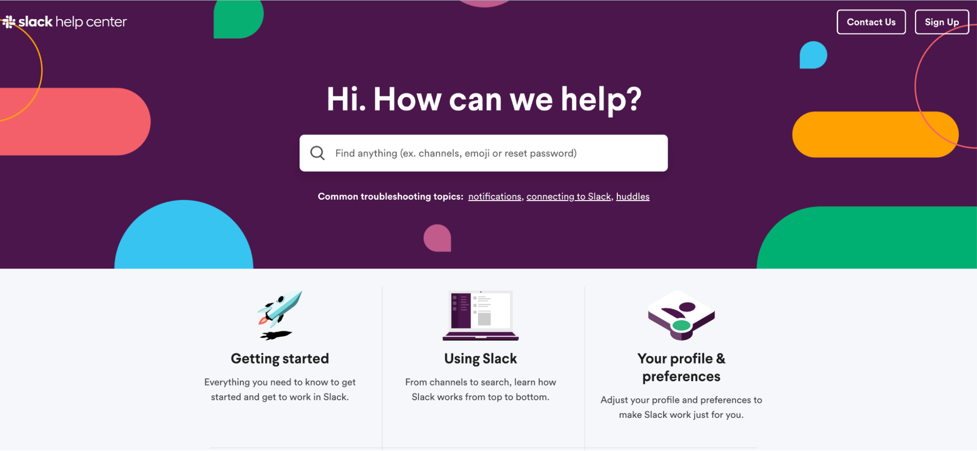 Screenshot of the Slack help center page