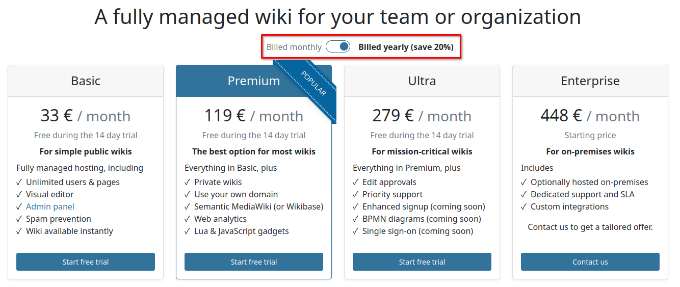 Yearly MediaWiki hosting plans on the pricing page