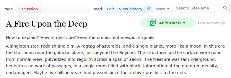MediaWiki page with a badge next to the title that indicates it has been approved