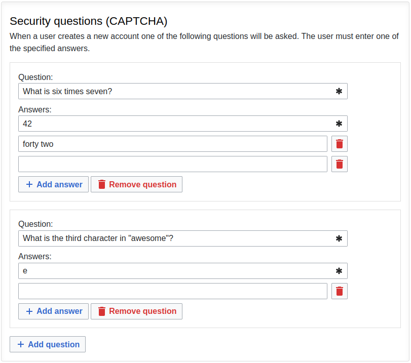 Configuration UI for captcha questions