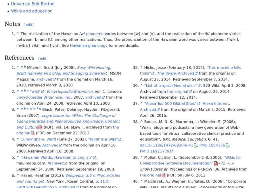 Partial screenshot of the English Wikipedia page on wikis, with notes and
				references added via the Cite extension.