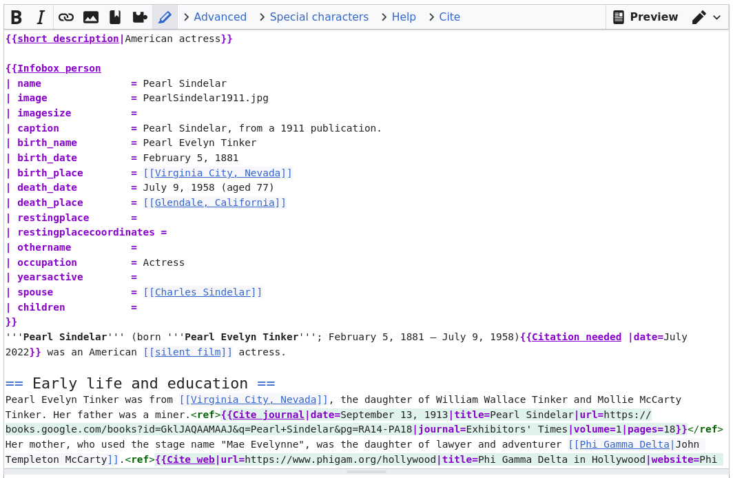 Partial screenshot of a page's edit area with wikitext syntax highlighting by the
				CodeMirror extension.