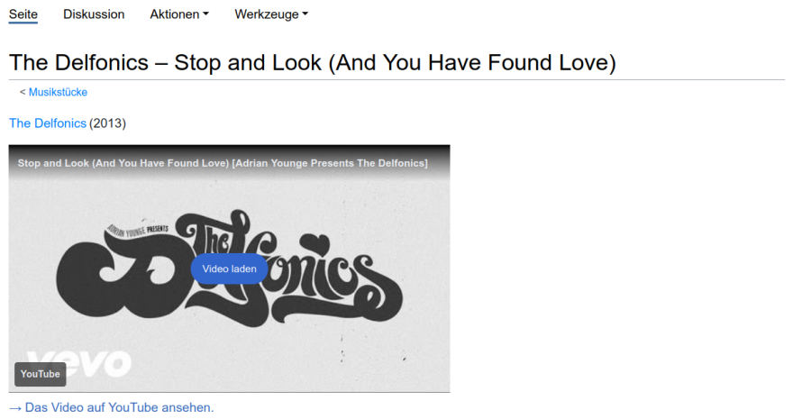 Screenshot of a wiki page with an embedded YouTube video ('Stop and Look' by The
				Delfonics). The 'Load video' button increases privacy by requiring user consent.