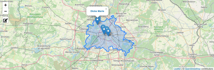 Screenshot of a map on a page showing several points of interests in Berlin created
				with the Maps extension