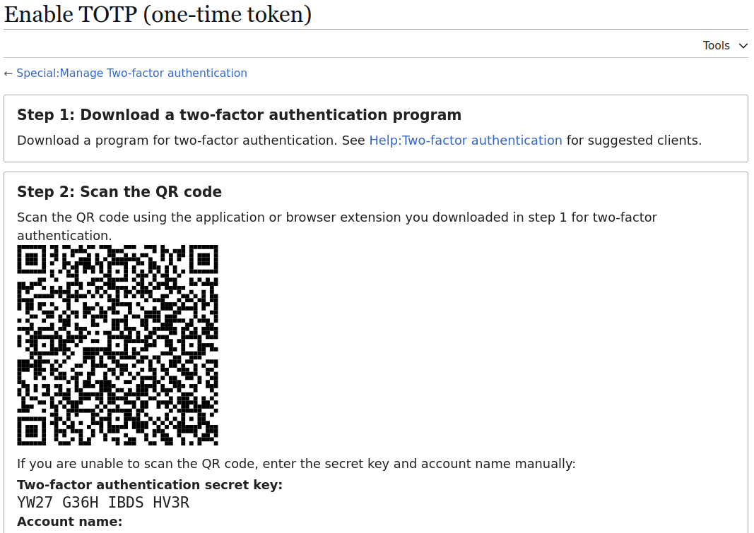Partial screenshot of the two-factor authentication (2FA) setup in MediaWiki using
				the OATHAuth extension.