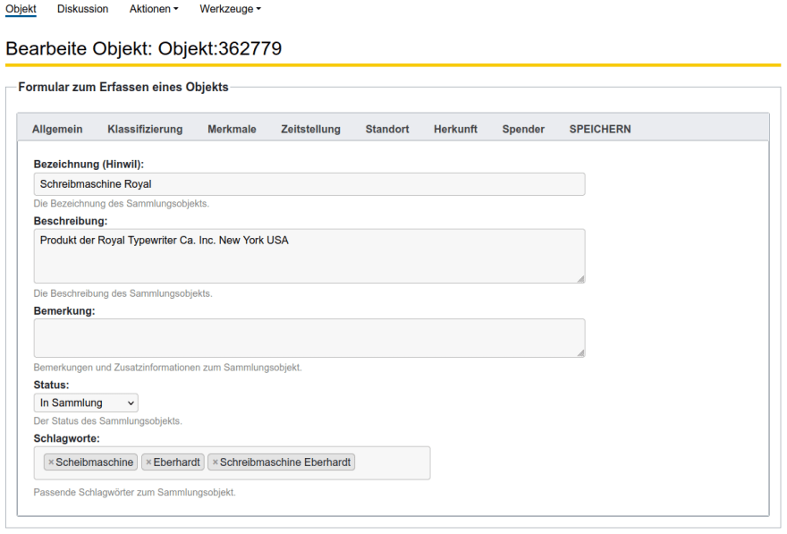 Partial screenshot of a form for recording collection items using the Page Forms
				extension.
