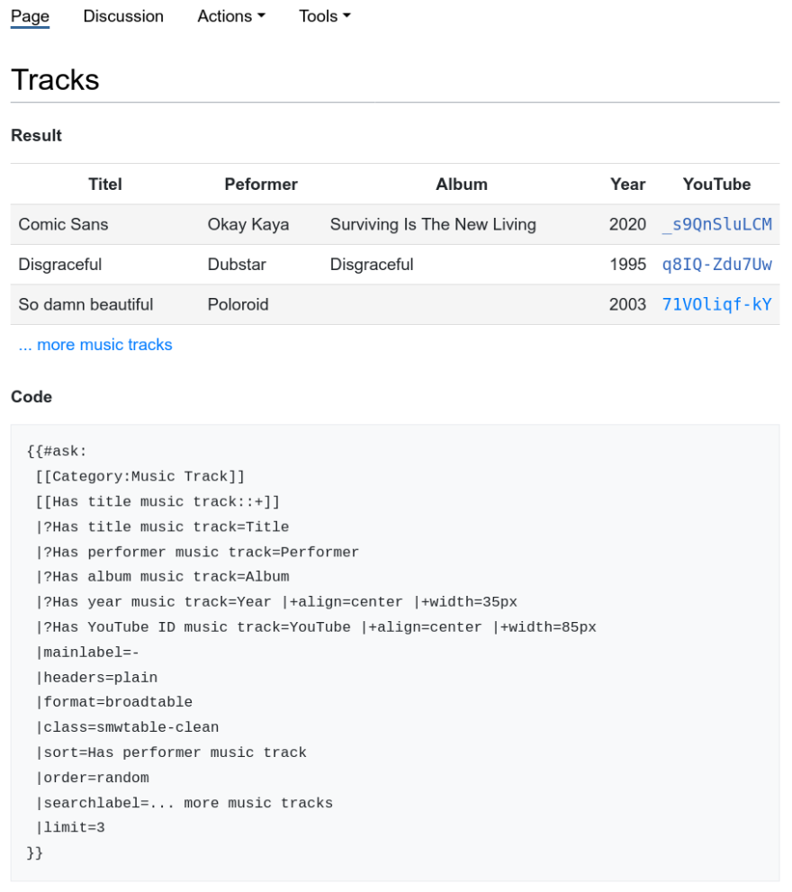 Screenshot of a page showing an automatically generated table with Semantic
				MediaWiki, along with the code used—easier than it looks.