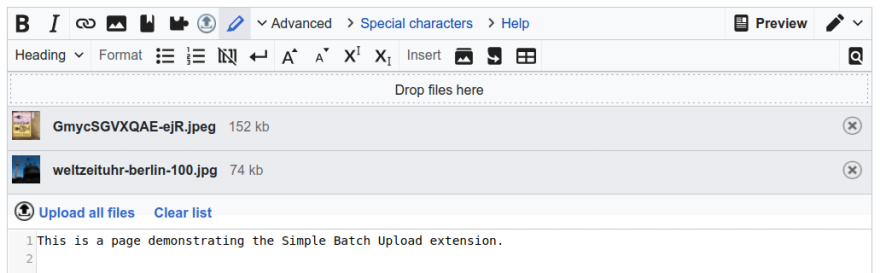Partial screenshot of a page showing how easily multiple files can be uploaded at
				once using the Simple Batch Upload extension.