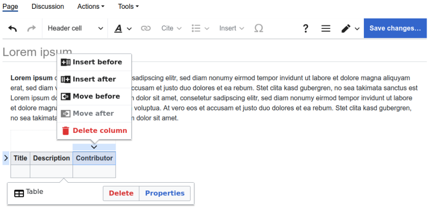 Screenshot of a page's edit area using the VisualEditor extension, demonstrating
				easy handling of tables on wiki pages.