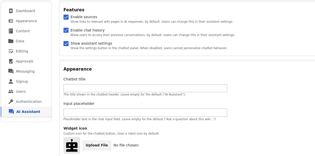 AI Assistant configuration tab in the ProWiki Admin Panel showing feature toggles and appearance settings