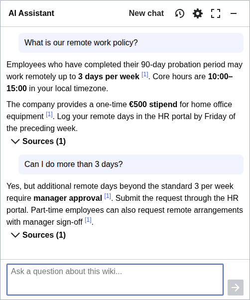 Multi-turn conversation about remote work policy in the AI Assistant
