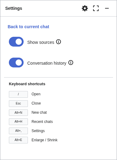 AI Assistant settings panel showing source and history toggles and keyboard shortcuts
