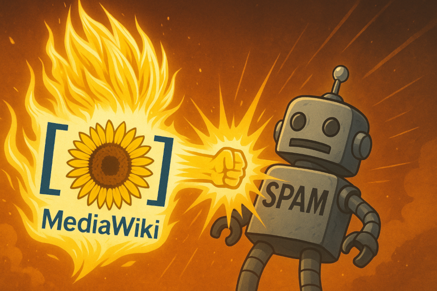 Cartoon illustration of the MediaWiki logo fighting a spambot