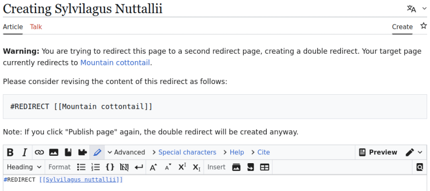 Partial screenshot of a page showing a warning triggered when a redirect points to
another redirect.