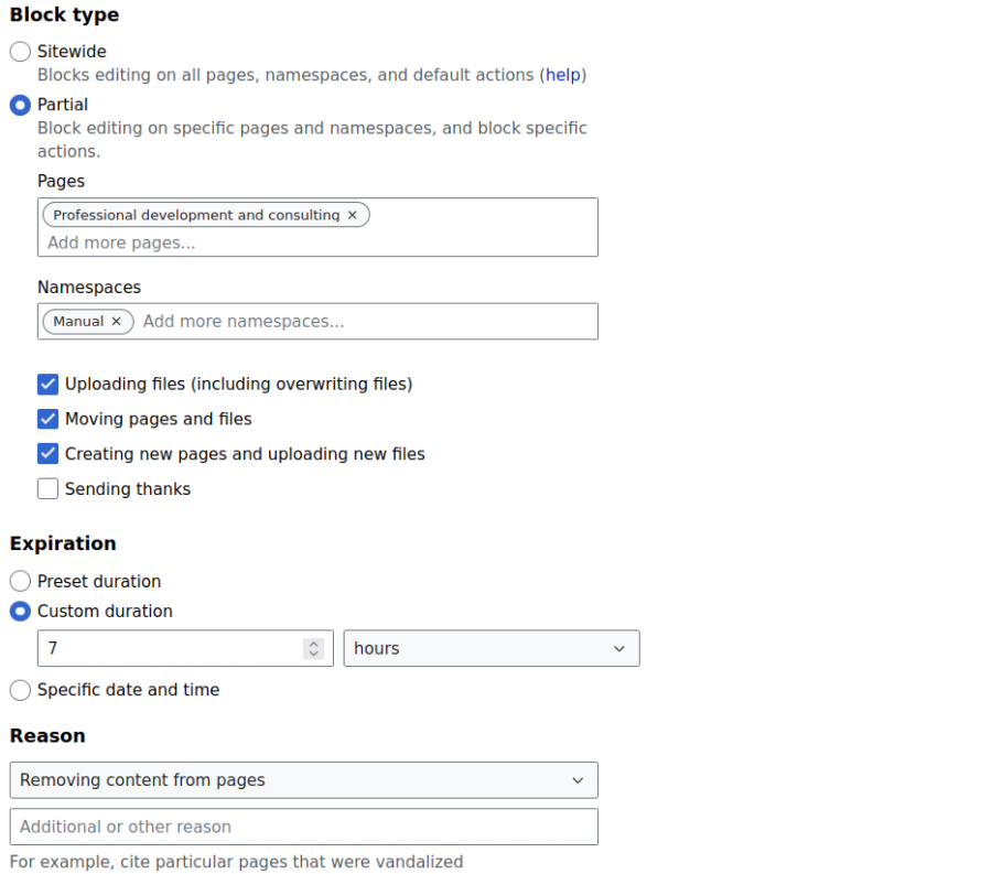 Partial screenshot of the “Block” special page showing how to set a partial
block with multiple action restrictions and a custom duration.