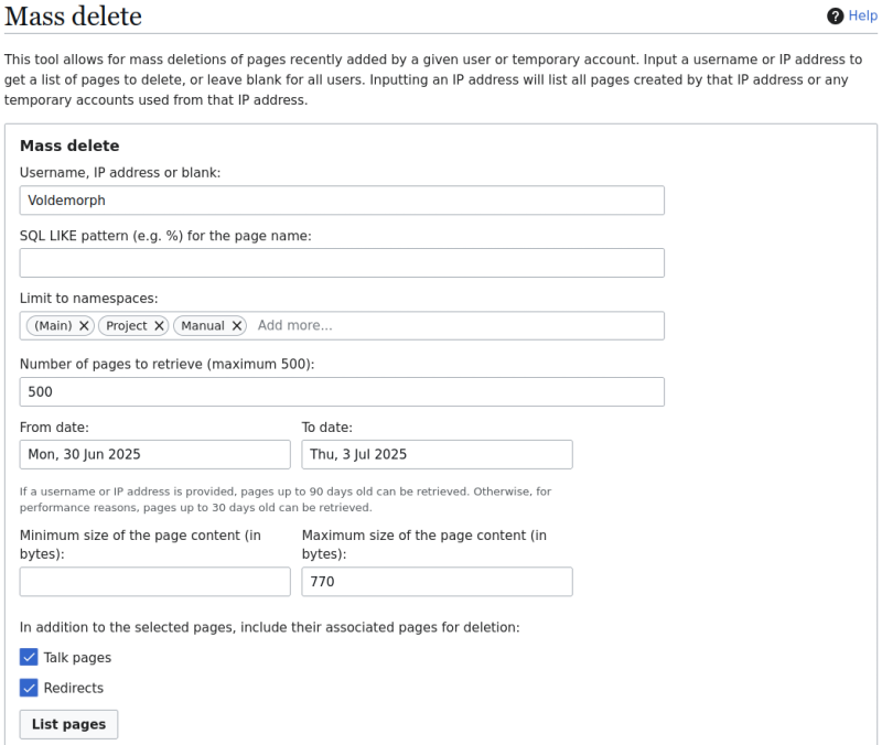 Partial screenshot of the “Nuke” special page showing how to configure multiple
mass deletion options.