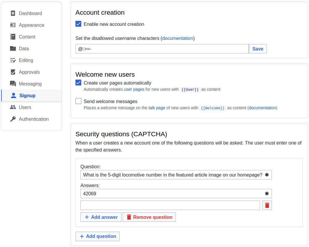 MediaWiki Admin Panel showing the Signup tab with options to disallow username characters and to define captcha questions