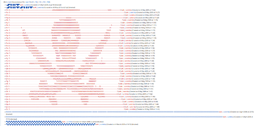 Names of automatically created accounts forming a pirate flag on the user list page of a heavily spammed wiki