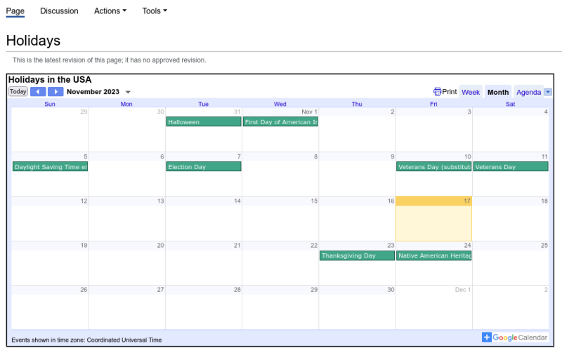 The resulting Google Calendar widget on a wiki page.