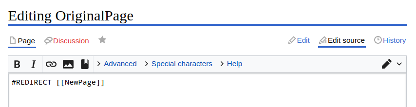 The MediaWiki source editor showing a redirect page